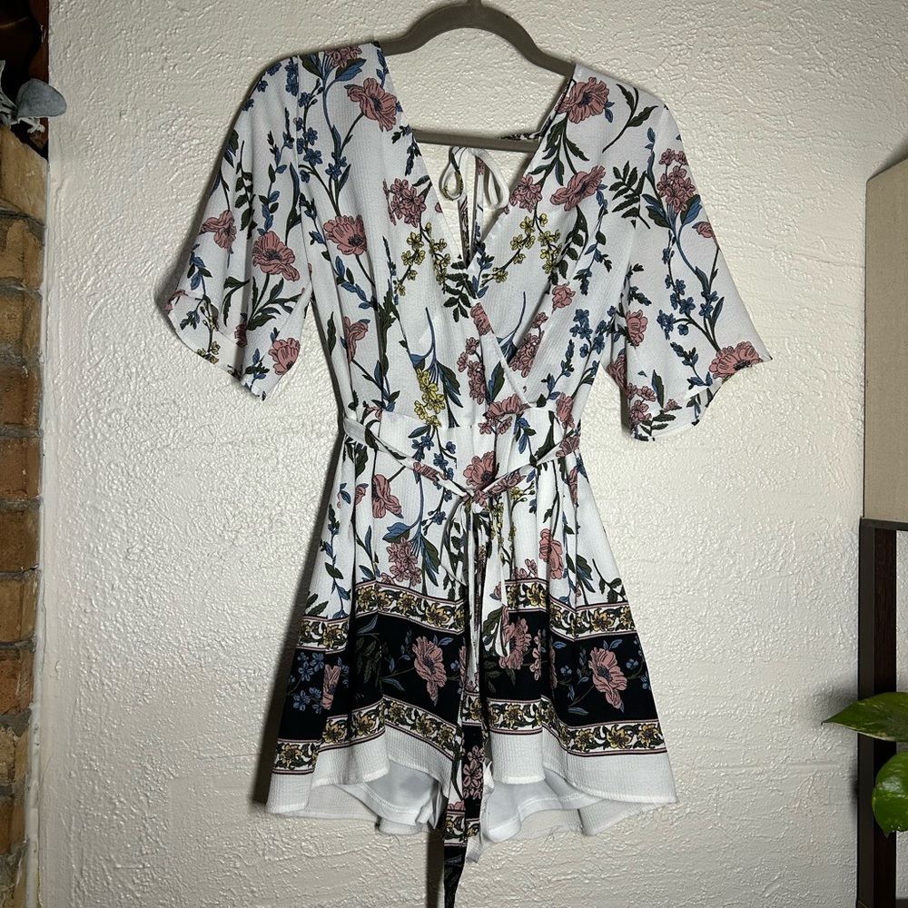 Trixxi White Floral Romper with Pink & Navy Accents